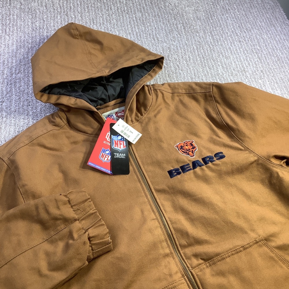 NFL Ultra Game Chicago Bears Mens Brown Hooded Canvas Work Jacket Size L NWT